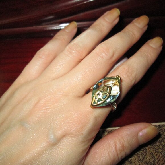 Large Sky Blue Marquise CZ Cocktail ring with Leaf Detail - Picture 9 of 9